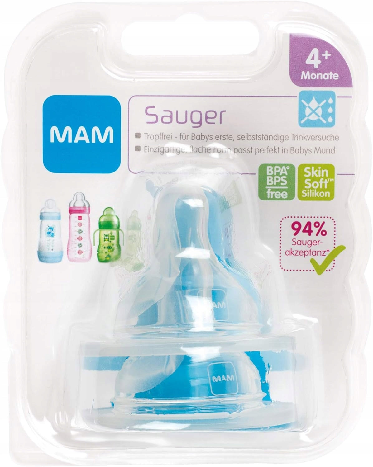 MAM smoczki do butelek 4msc+ x2 silikonowe, BPA/BPS free, do butelek szerokiej szyjki