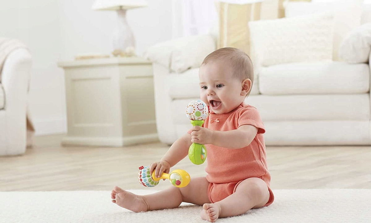 FISHER-PRICE BLT33 grzechotki marakasy 2 sztuki dla niemowląt 3 m+, żółto-zielone, sensoryczne