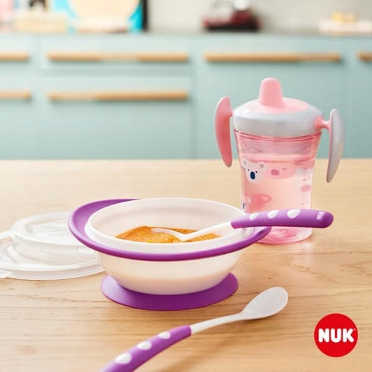Set NUK pentru învățarea alimentației 6 luni+ cană anti-vărsare bol 2 lingurițe