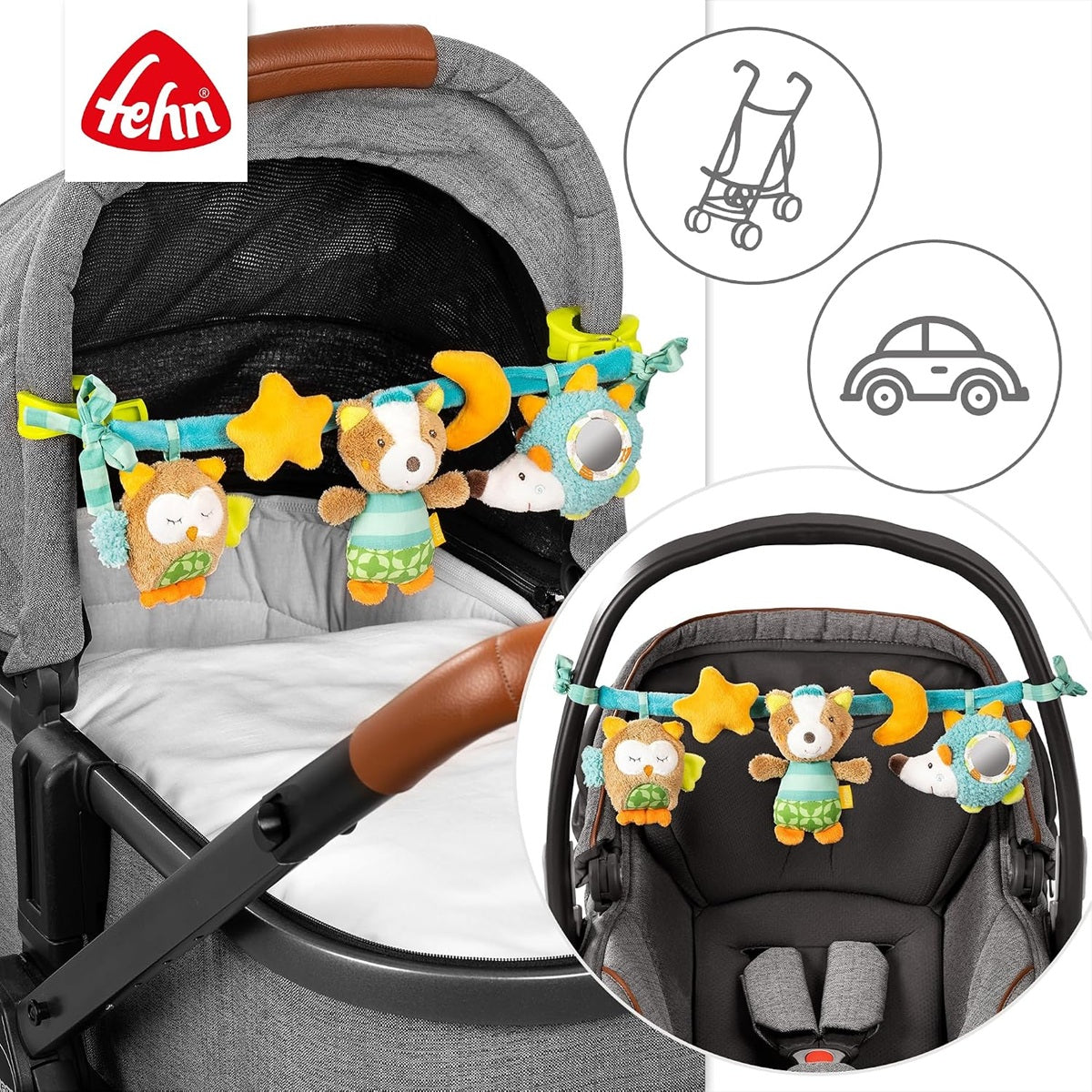 FEHN Kette zum Aufhängen an Kinderwagen, Bettchen, Babyschale FehnLand SCHLAFWALD 49 cm