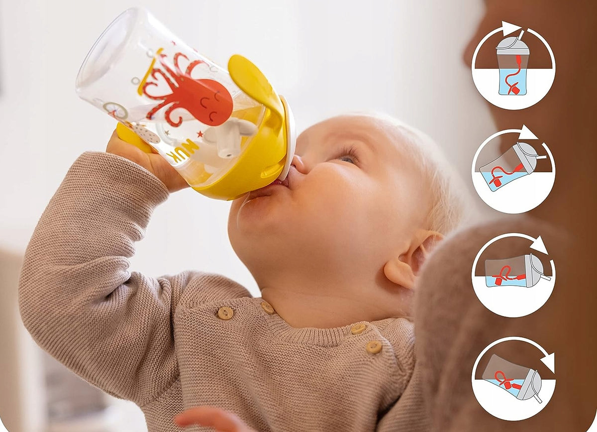 NUK Motion Cup NIEKAPEK z elastyczną słomką 8 m+ żółto-biały kubek dla dziecka 230 ml BPA-free
