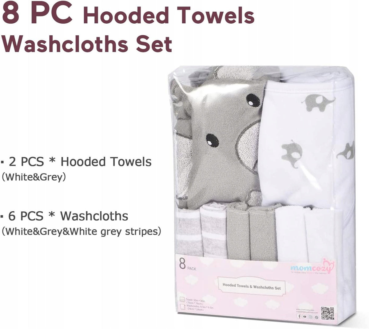 MOMCOZY πετσέτα με κουκούλα x2 76x76 +6 24x24 πανάκια πλυσίματος