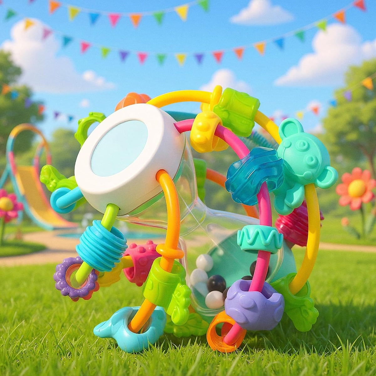 PLAYGRO Play and Learn Ball Beißring Greifling mit Rassel und Spiegel 14 cm