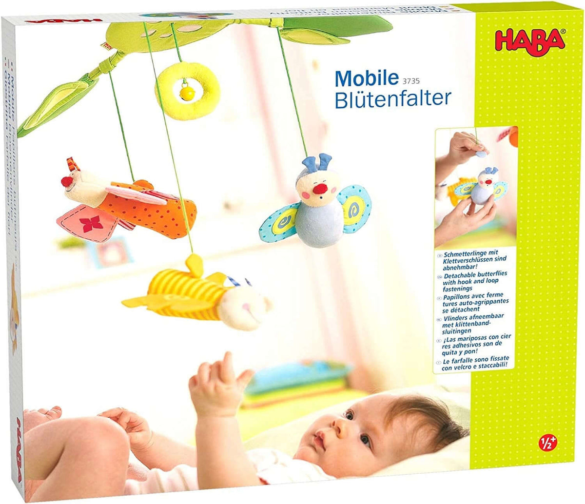 HABA karuzela mobilna zawieszka MOTYLE, kolorowa zabawka dla niemowląt 6 m+, z miękkimi elementami i dzwoneczkiem