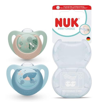 NUK First Choice smoczki 18-36 mies. 2 szt. Żółw/Wieloryb, zestaw 2 smoczków ortodontycznych z etui