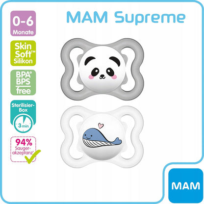 MAM SUPREME smoczek silikonowy 0-6msc x2 z motywem panda i wieloryb, 100% silikon, BPA/BPS free