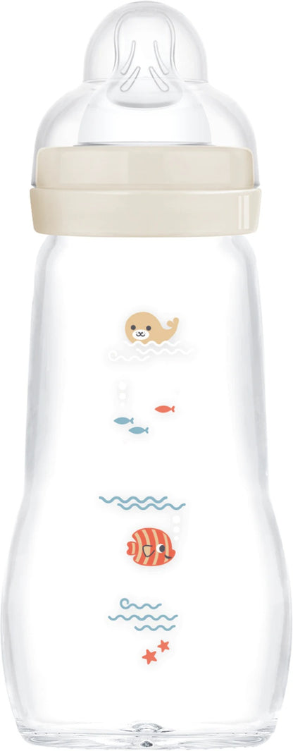 MAM Feel Good γυάλινο μπιμπερό 260 ml 2 m+ θηλή 2 ΘΑΛΑΣΣΙΑ ΠΛΑΣΜΑΤΑ