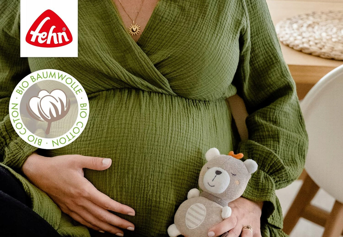 FEHN Natur przytulanka z bawełny organicznej z pozytywką 19 cm, miś do uspokajania niemowląt