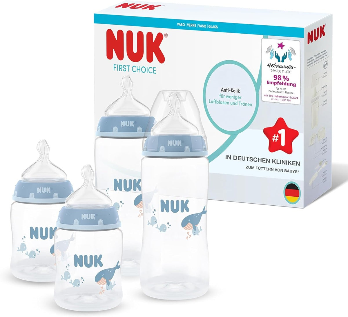 NUK First Choice zestaw 4x butelka 150/300 ml smoczki S/M 0-3m+ WIELORYB