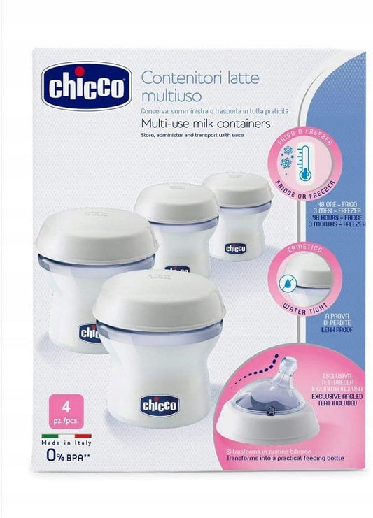 CHICCO tejtároló edények 4 150 db ml + cumi kupakkal
