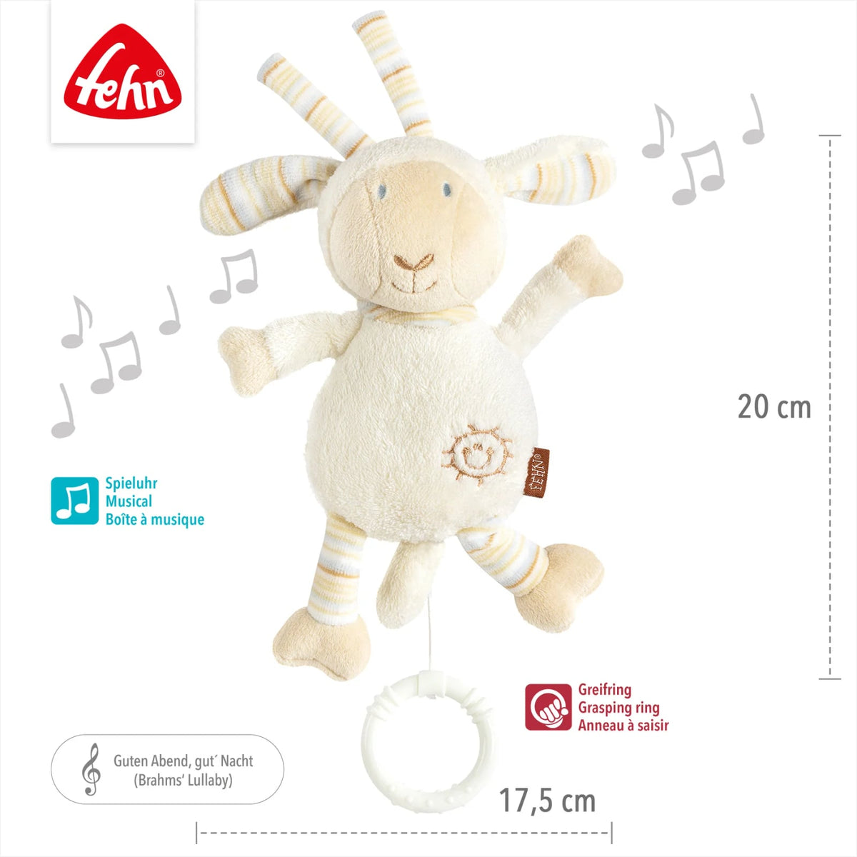 Fehn BabyLOVE owca — grafika produktu z wymiarami i symbolem melodii
