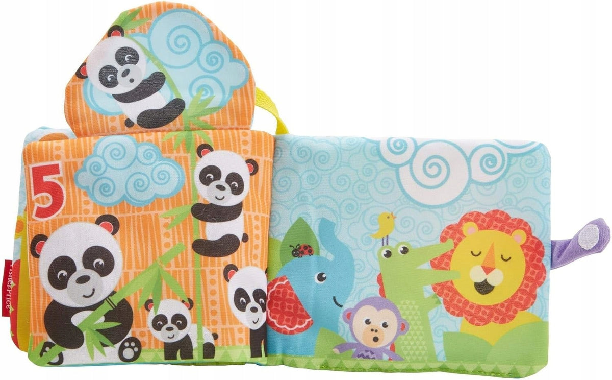 FISHER-PRICE FGJ40 książeczka sensoryczna aktywizująca ZAWIESZKA, kolorowa książeczka z pandami i zwierzątkami