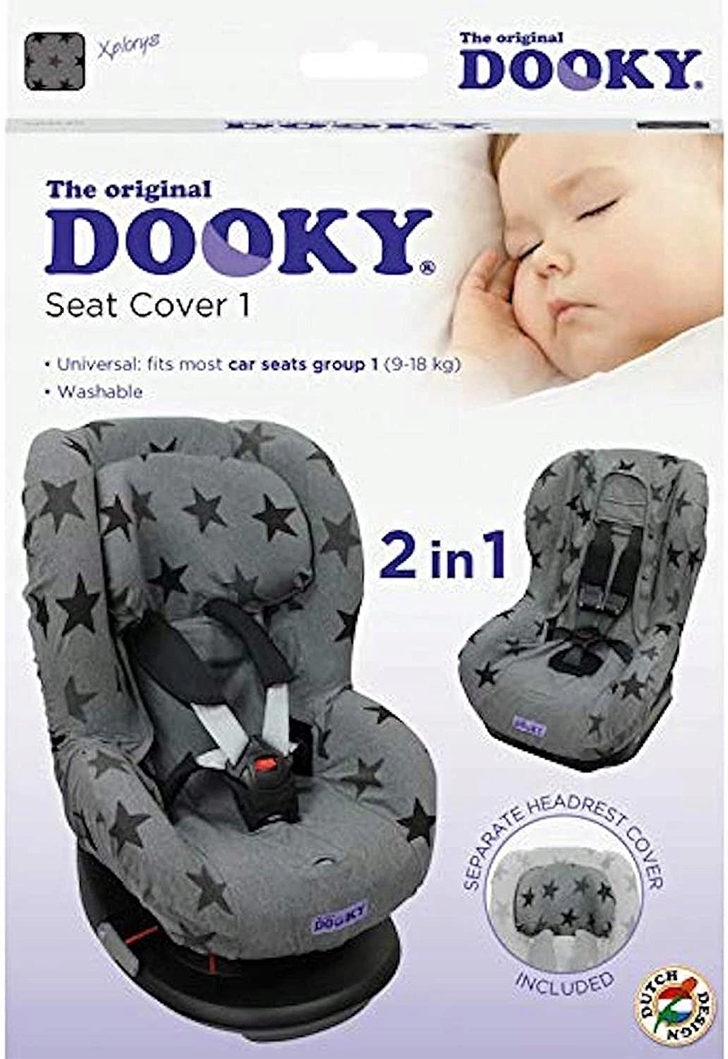 DOOKY SEAT COVER 1 pokrowiec na fotelik UNIWERSALN. szary z gwiazdkami, grupa 1 9-18 kg, 2w1