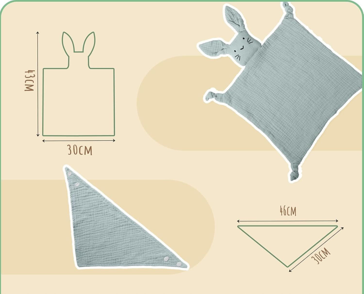 YOOCAA bib + wooden teether + muslin comforter set, 30 x 43 cm