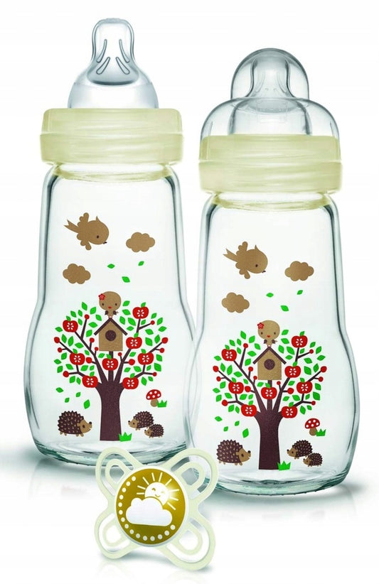 MAM glass bottle x2, soother