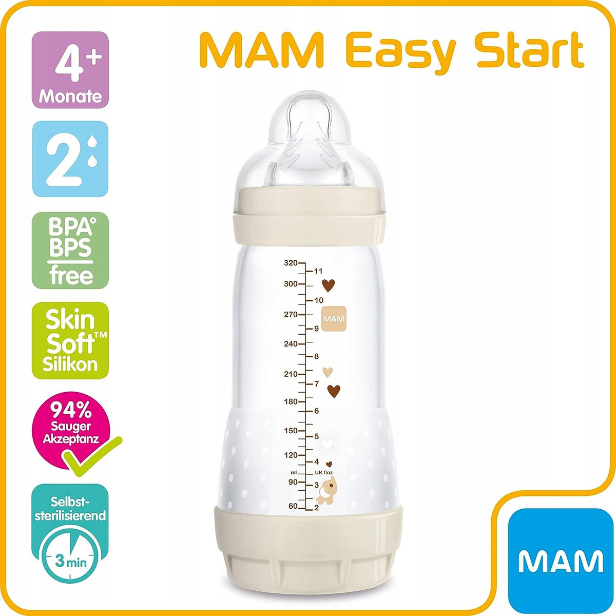 MAM Easy Start butelka antykolkowa 320ML, 4 msc+, smoczek 2, BPA free, samosterylizująca