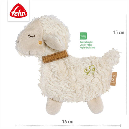 Grafika poglądowa jasnej owieczki z liniami wymiarowymi i zielonym piktogramem.