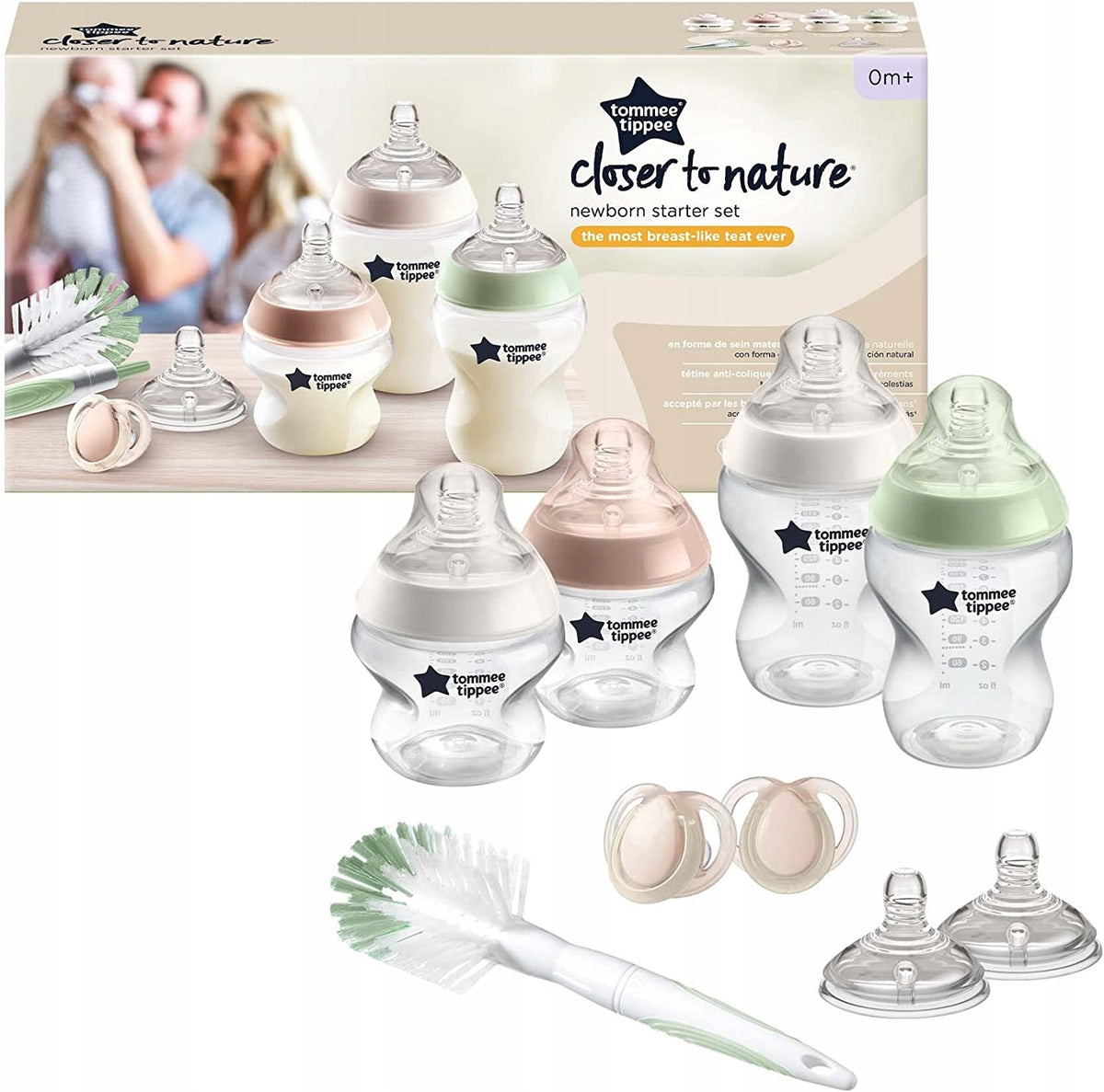 TOMMEE TIPPEE zestaw startowy butelki, smoczki 9el. dla noworodka, 2 butelki 150 ml, 2x260 ml, szczotka i smoczki 0+