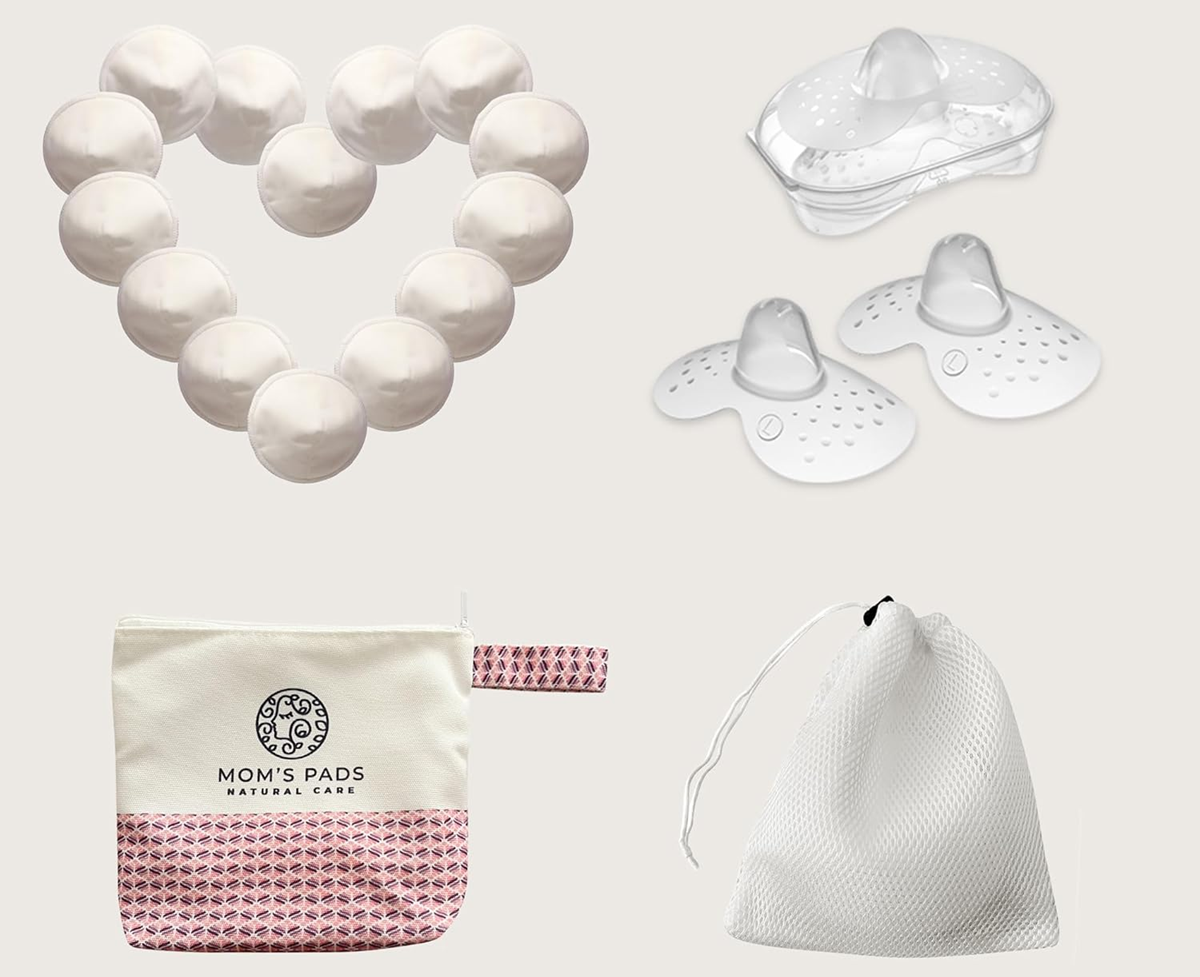 MOM'S PADS bambusowe wkładki laktacyjne x14 + worek do prania, kosmetyczka