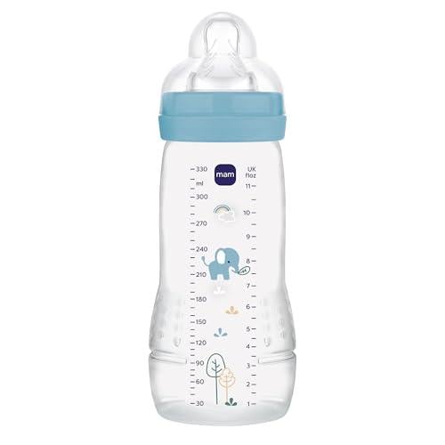 MAM Easy Active 330 ml — przezroczysta butelka z niebieskim pierścieniem i motywem słonika