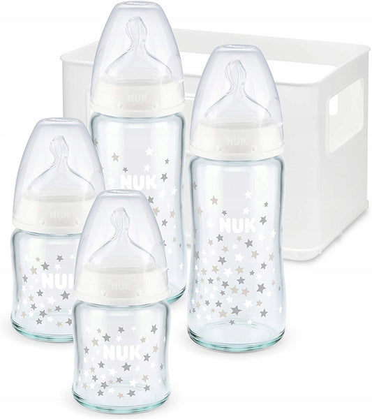 NUK First Choice+ Starter-Set 4 GLASFLASCHEN + Flaschenkorb Organizer 0-6 Monate