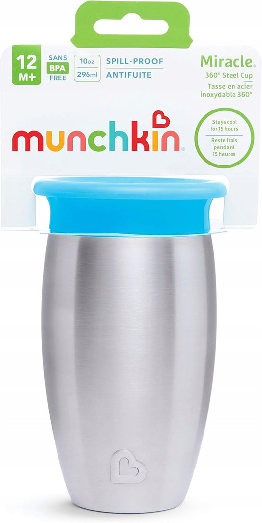 MUNCHKIN Miracle kubek 360 6msc+ 296ml stal nierdzewna, niebieski kubek 12M+ BPA free, spill-proof