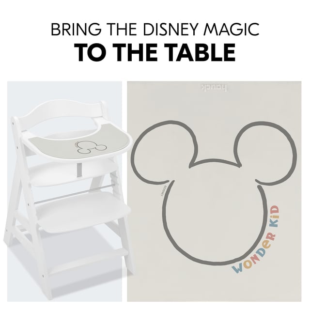 Poglądowa grafika krzesełka z matą oraz zbliżenia na nadruk Myszki Mickey.