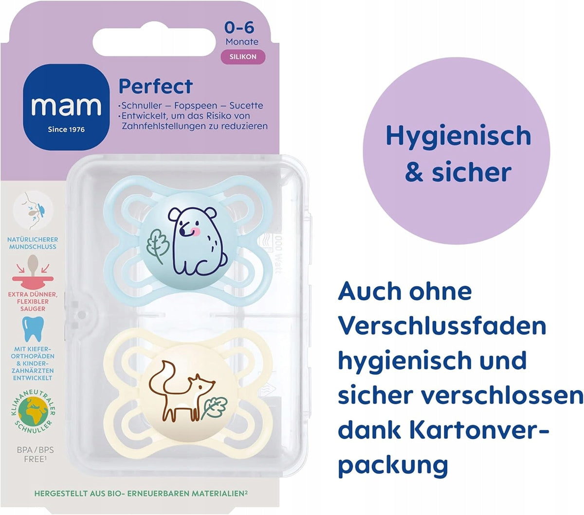 MAM Perfect smoczek uspokajający x2 0-6msc + box