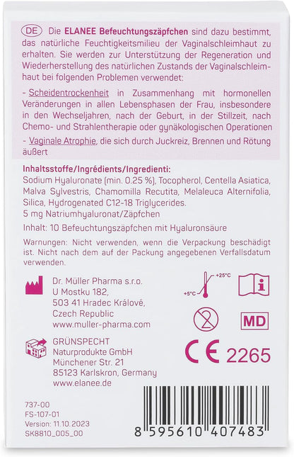 ELANEE feuchtigkeitsspendende Vaginalzäpfchen ohne Hormone x10