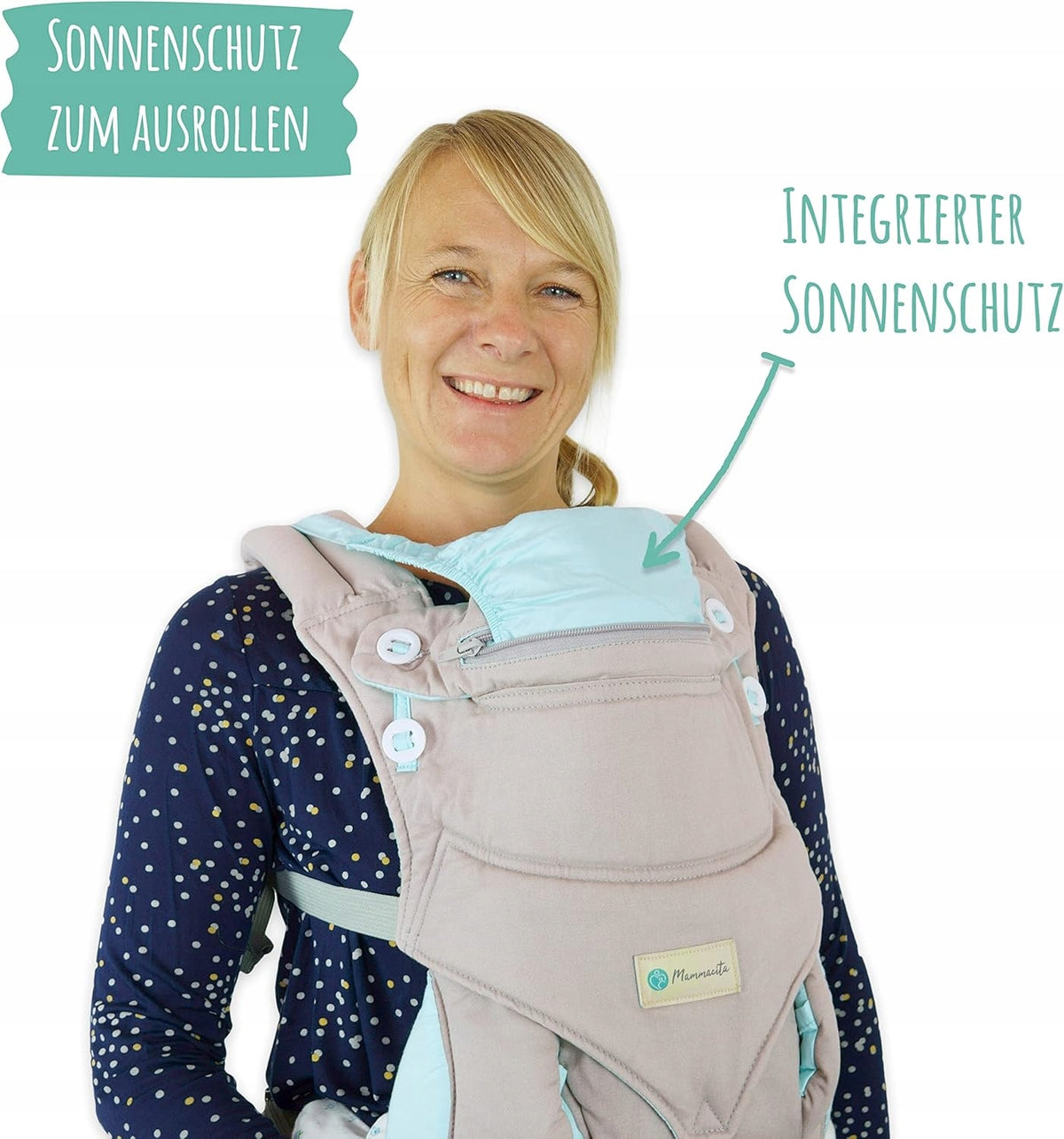 MAMMACITA nosidełko ergonomiczne do 20 kg zintegrowany i zwijany daszek przeciwsłoneczny