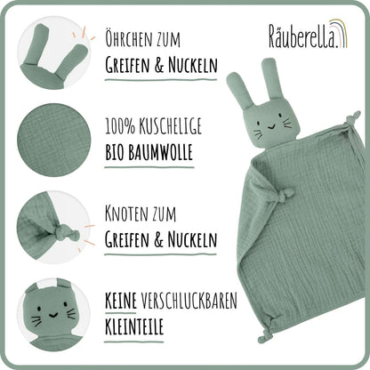NUDU BABY zestaw muślina KOMFORTER śliniak GRYZAK, zielony, bawełna organiczna 0+