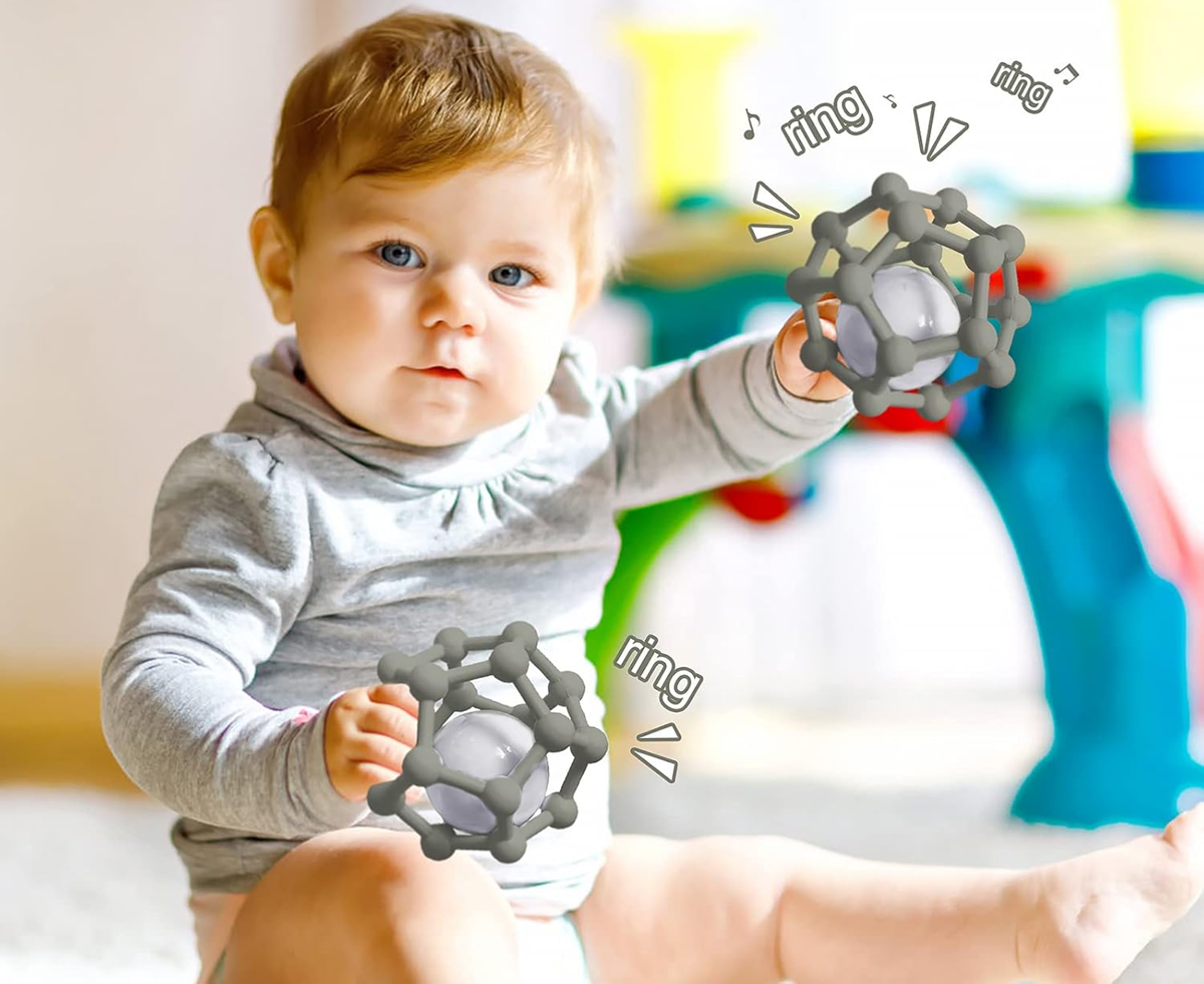 MCGMITT Teether Ball jucărie de dentiție din silicon cu zornăitoare, 8,5 x 10 cm