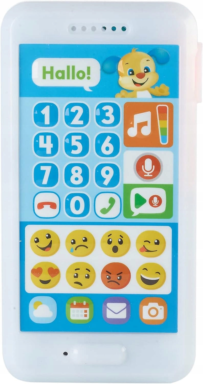 FISHER-PRICE FPR14 "nagraj wiadomość" smartfon interaktywny J.NIEMIECKI, biało-niebieski telefon edukacyjny z emotikonami