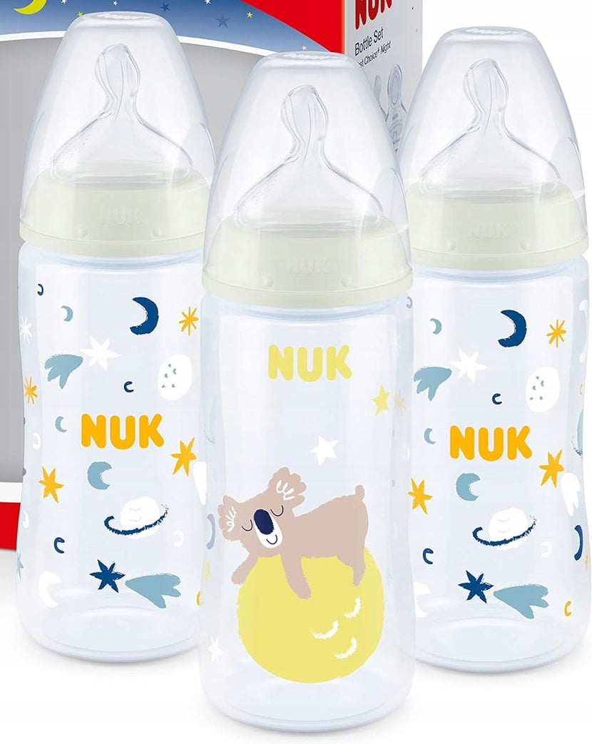 NUK First Choice+ Night σετ 3 μπουκαλιών που φωσφορίζουν 300 ml 6-18 μ θηλή M