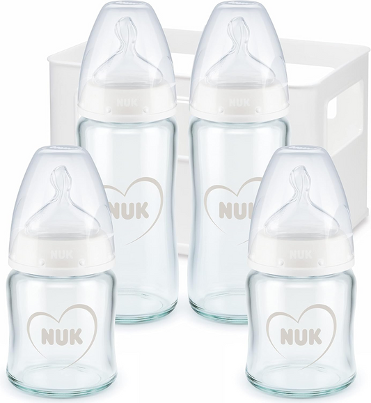 NUK First Choice+ Starter-Set 4 GLASFLASCHEN + Flaschenkorb Organizer 0-6 Monate