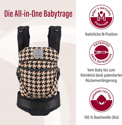 MANDUCA XT nosidełko klamrowe z bawełny organicznej, pepita black, naturalna pozycja M dla dzieci