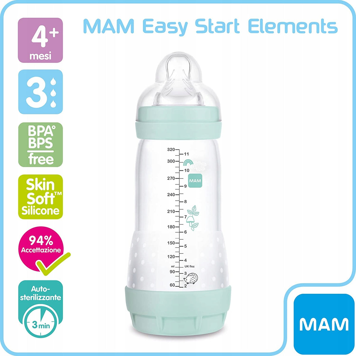 Grafika butelki MAM Easy Start Elements z mi�towymi elementami i ikonami na niebiesko-bia�ym tle.