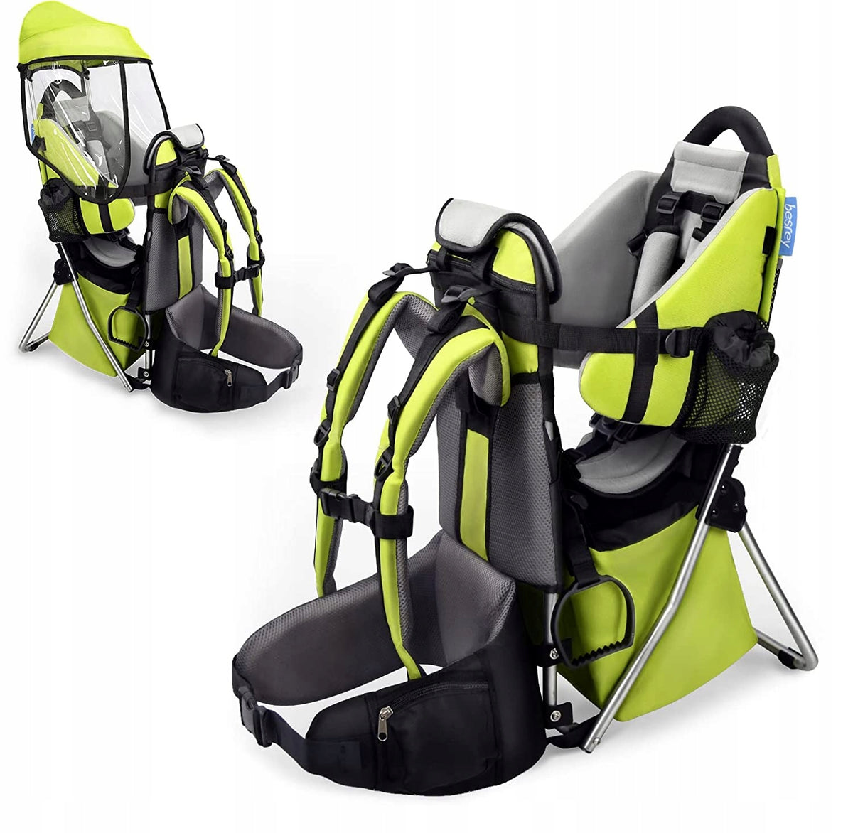 BESREY KRAXE nosidełko turystyczne 6-36 msc, zielono-szare nosidło dziecięce ze stelażem i baldachimem