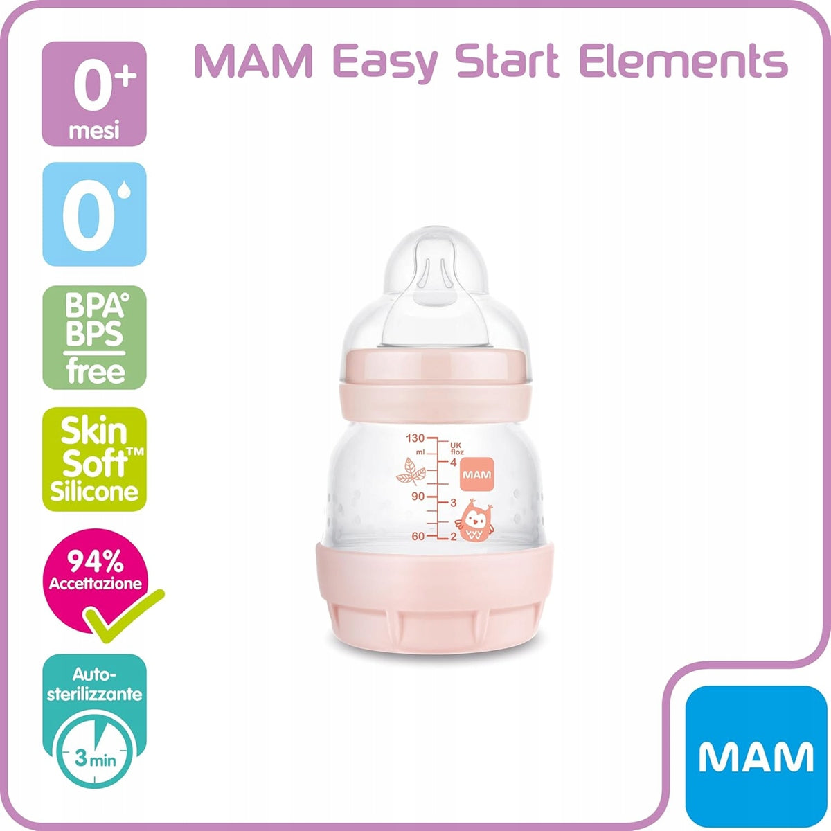 MAM Easy Start butelka antykolkowa 130ml, 0+ miesięcy, BPA free, silikon SkinSoft, auto-sterylizująca
