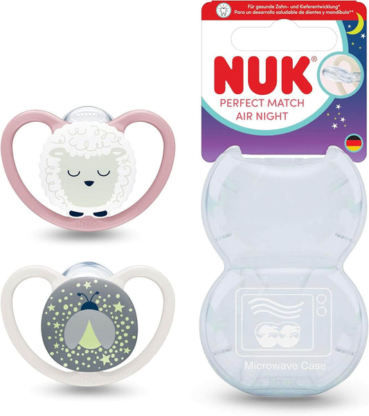 NUK Perfect Match Air Night smoczki uspokajające 0-6m x2 ŚWIECĄCE, zestaw z etui do sterylizacji