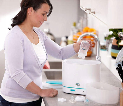 PHILIPS AVENT elektryczny sterylizator parowy 3w1 biało-turkusowy do butelek i smoczków, 3-elementowy zestaw