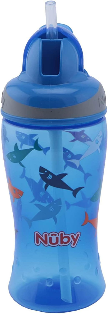 NUBY Flip-it Cup copo de aprendizagem sem pingos com palhinha 12 m+ 360 ml TUBARÕES