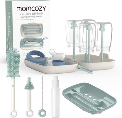 Zestaw Momcozy ze szczotkami, etui i suszarką, pokazany obok pudełka.