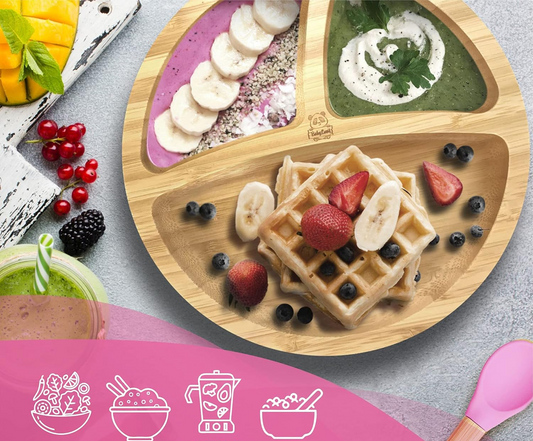 BABYLOVIT Bambusteller mit Saugnapf + Löffel und Lätzchen