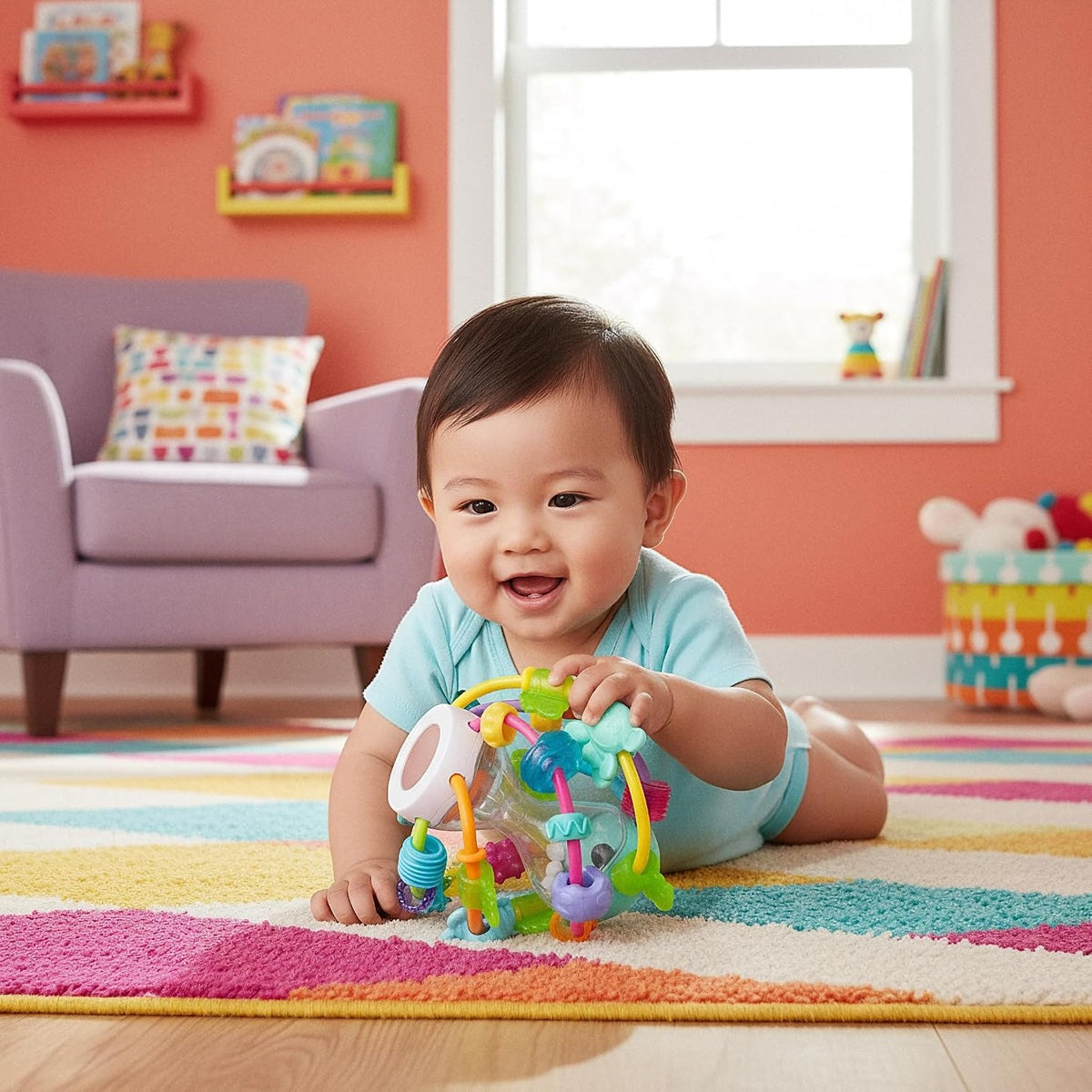 PLAYGRO Play and Learn Ball gryzak chwytak z grzechotką i lusterkiem 14 cm, kolorowa zabawka sensoryczna dla niemowląt