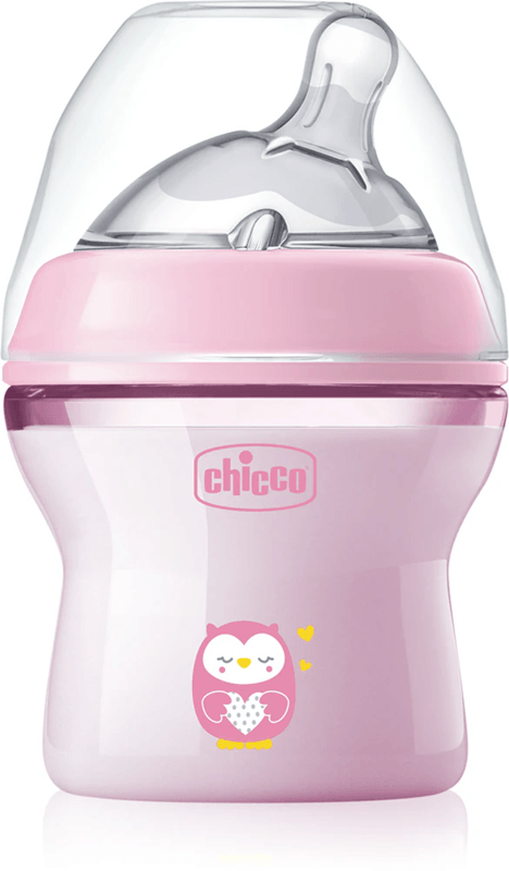CHICCO NaturalFeeling butelka 150 ml 0+ wolny przepływ, różowa butelka ze smoczkiem antykolkowym