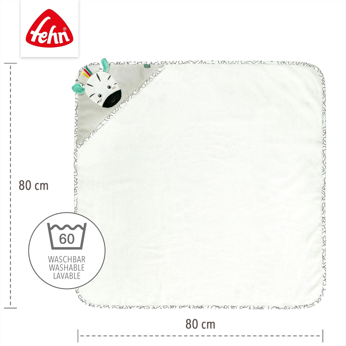 FEHN Πετσέτα Μπάνιου με Κουκούλα Ζέβρα 80 x 80 εκ