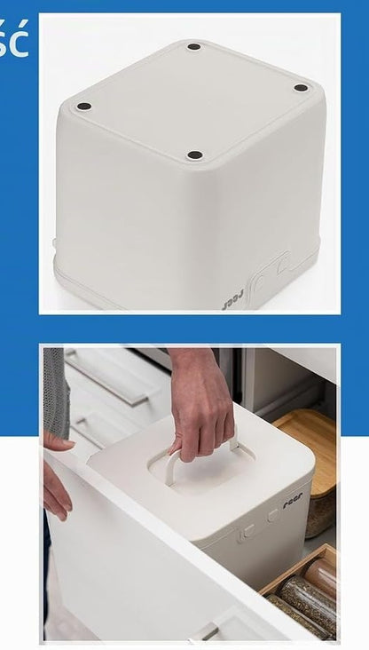 Poglądowy kolaż spodu białego pudełka i dłoni podnoszącej je za uchwyt w szufladzie.