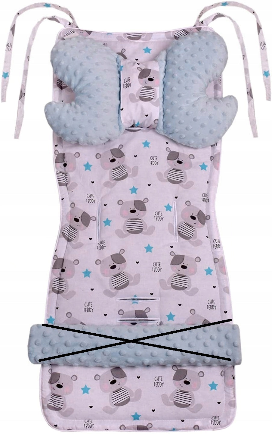 MEDI PARTNERS wkładka do wózka motylek kocyk poduszka 4el MINKY niebiesko-biały z nadrukiem cute teddy
