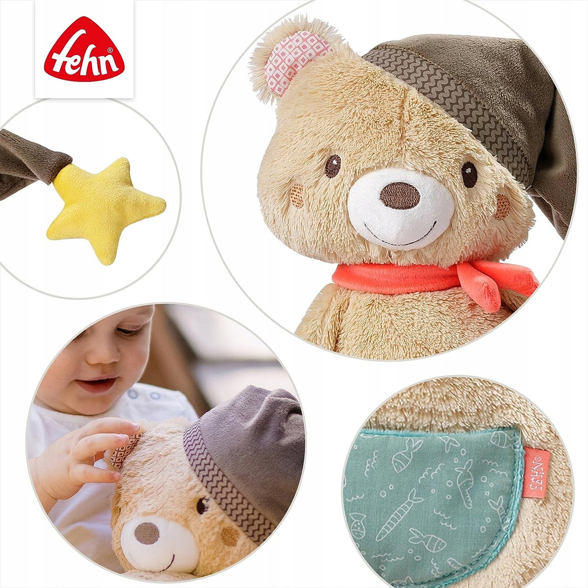 FEHN pluszowy miś Bruno XXL 44cm beżowy, miękki miś z gwiazdką i bezpieczny dla dzieci
